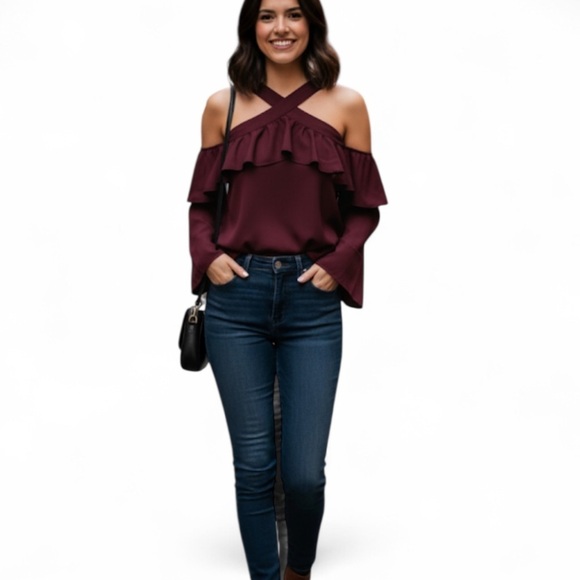 LOFT Tops - Loft burgundy ruffle bell sleeves top size S